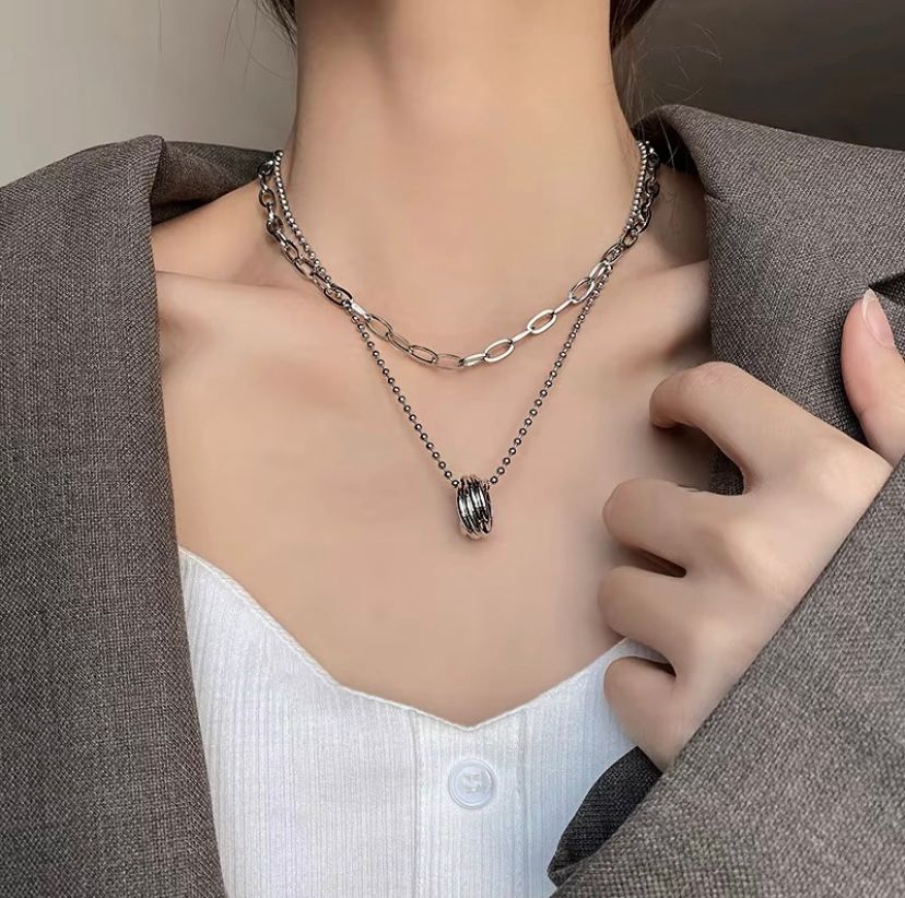 unisex double layer silver chain necklace