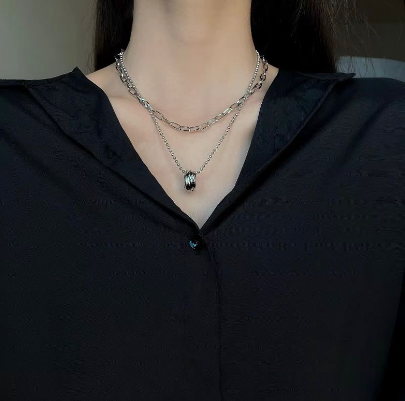 unisex double layer silver chain necklace