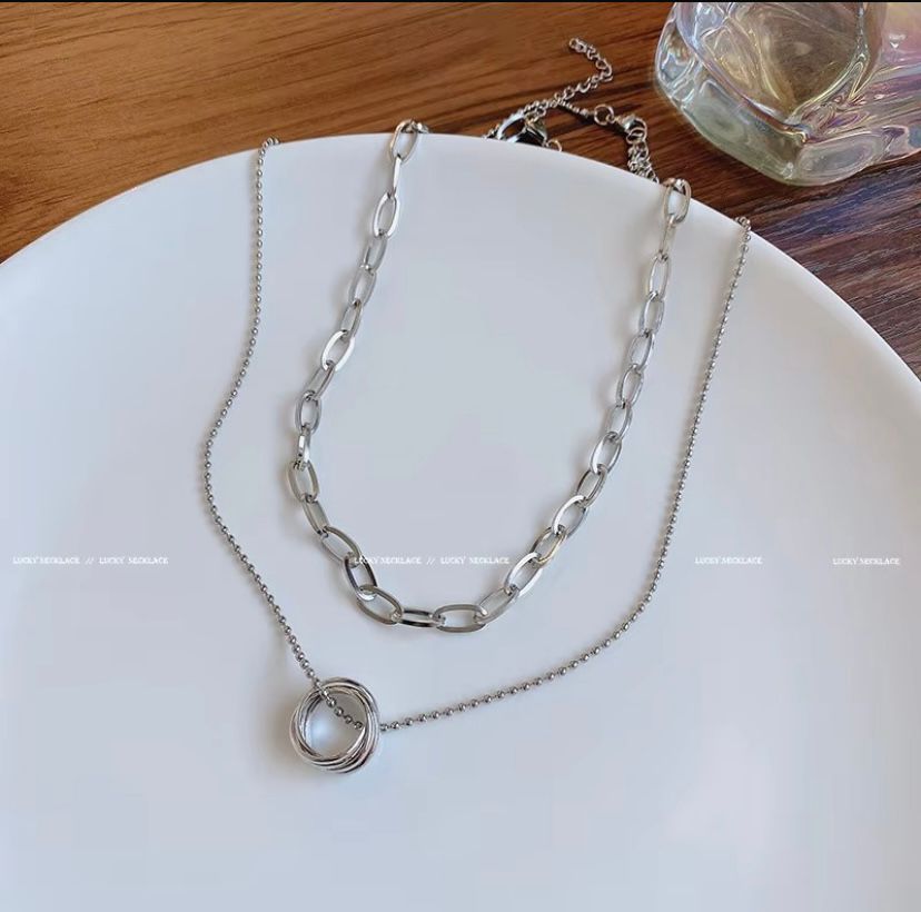 unisex double layer silver chain necklace